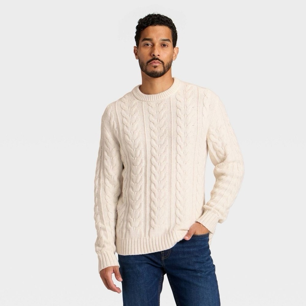 Men's Cable Crewneck Sweater - Goodfellow & Co Cream XXL